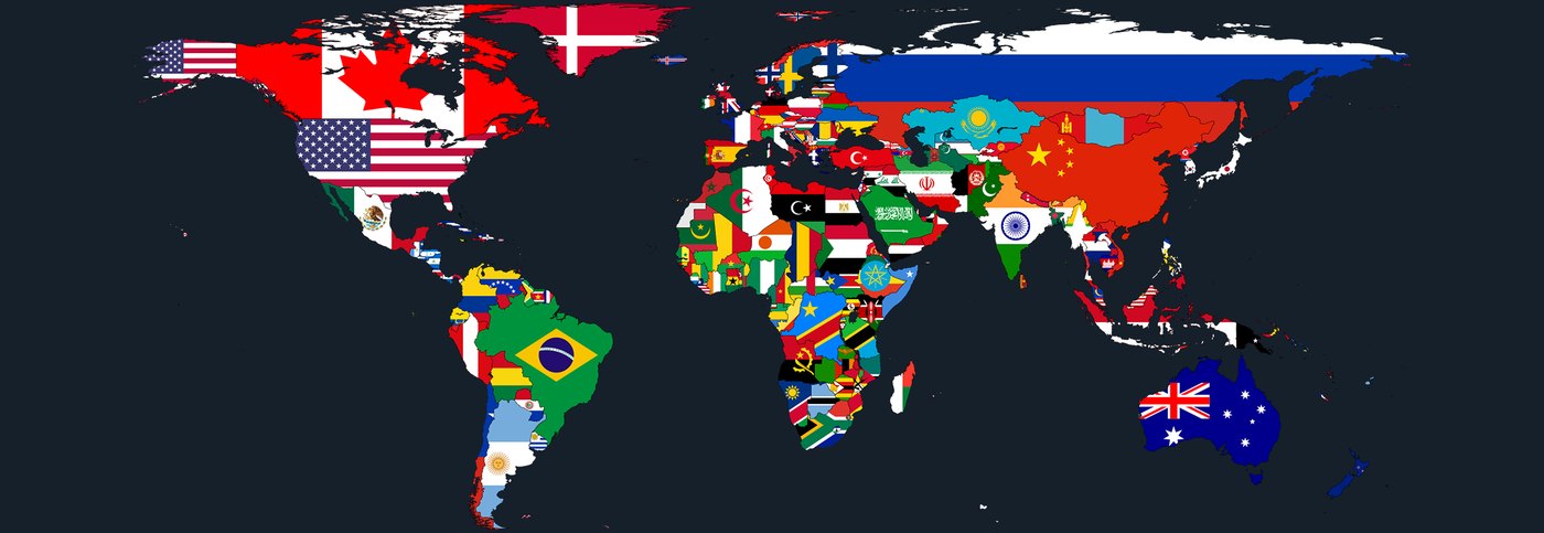 World map with each country filled by its national flag