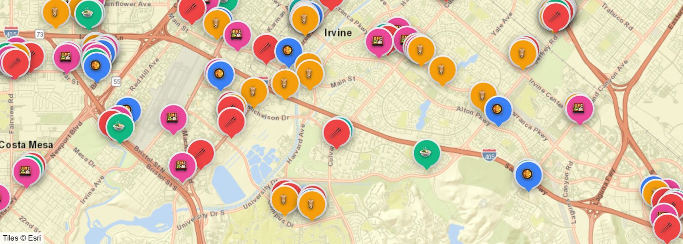 Irvine Asian Food map with restaurant, boba and market pins across Irvine and Costa Mesa
